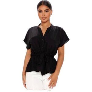 Fashion Nova BLACK Waist No Time Blouse Tie Waist Drawstring Button Peplum